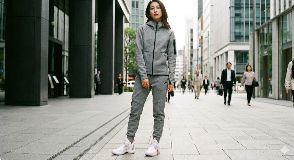 ウェイドの桜モデルをテックフリースパンツと合わせた日本人男性のストリートファッション・コーディネート。スポーティーかつモダンな着こなし例。