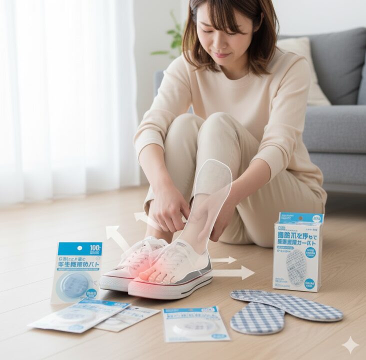 スニーカー内部での足の前滑りを示した図。かかとが浮き、足が前方にずれて小指が先端に当たっている。