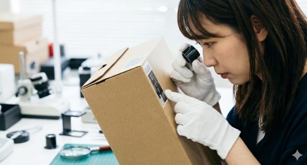 生成された画像: 　　- 　- ■ 代替テキスト(alt): 　　- 白手袋をしたアジア人の鑑定士が、ルーペを使ってスニーカーの箱に貼られたサイズラベルの印字やバーコードを詳細に確認している真贋鑑定の様子。