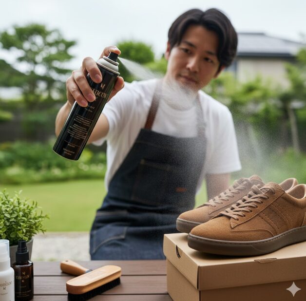 屋外でスエードスニーカーに防水スプレーを均一に吹きかける日本人男性。