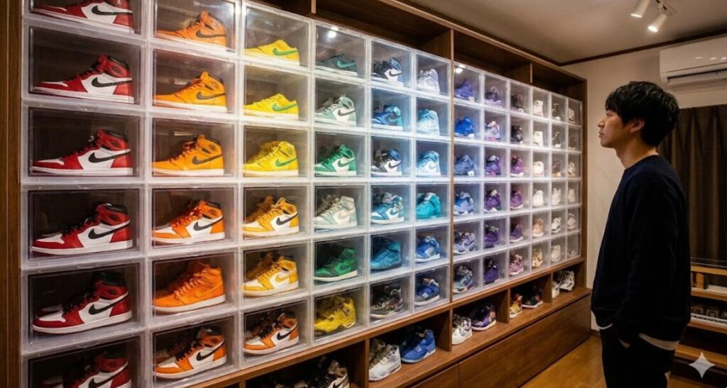 壁一面の木製棚に、統一されたクリアケースに入ったスニーカーが、赤、オレンジ、黄色、緑、青と美しいカラーグラデーションを描いて並べられている様子。