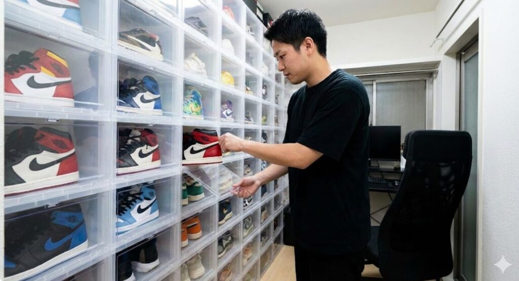 天井まで積み上げられた透明なスニーカーボックスによるスニーカーウォールと、そこから靴を取り出す男性の様子。限られたスペースでの収納力とアクセスの良さを示している。