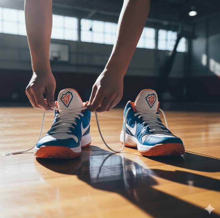 靴紐がつま先側まで十分に緩められ、履き口が大きく開いた状態のバッシュ。シューズへの負担を減らす正しい脱ぎ方。