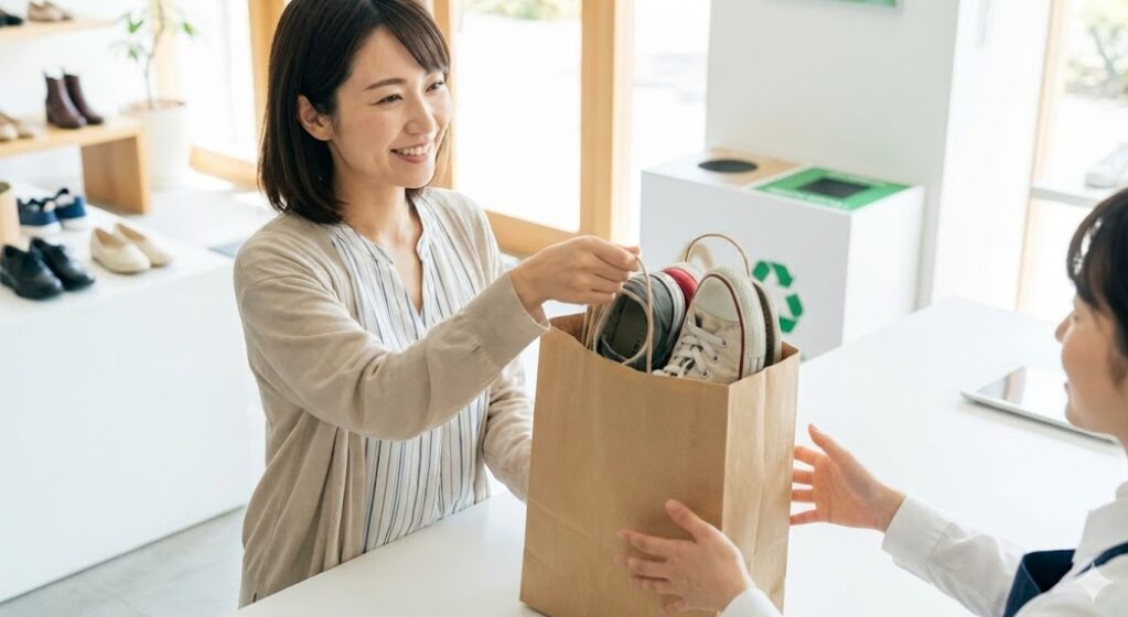 不要になったスニーカーをリサイクル回収ボックスに入れて手放す様子