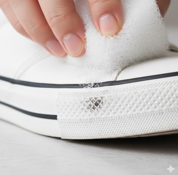 白いスニーカーの黒ずんだゴムソール部分を、メラミンスポンジで優しくこすっている手のクローズアップ。
