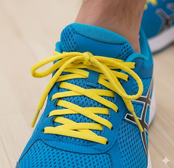 足の甲の痛みを避けるために靴紐をギャップレーシングで結んだランニングシューズ