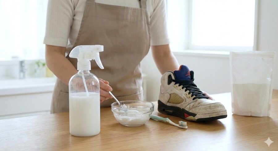 スプレーボトルに重曹と水を入れて自家製の消臭スプレーを作っている手元の様子