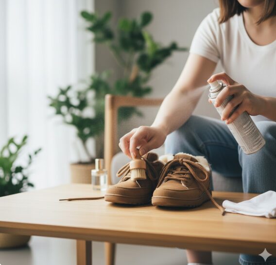 スエード素材のスニーカーを専用ブラシで優しく手入れし、汚れを落としている手元の様子