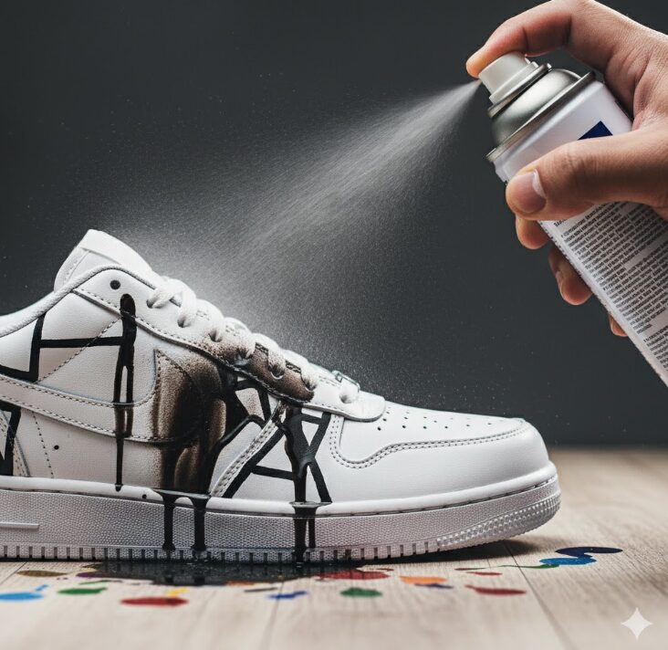 油性ペンで描いたスニーカーに直接防水スプレーをかけ、溶剤によってインクが再溶解しにじんでしまった失敗例