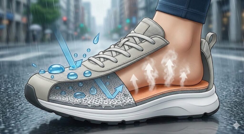 ゴアテックスメンブレンの仕組みを示す模式図。大きな雨粒は通さず、微細な孔から汗の水蒸気だけが外へ放出される様子が描かれている。