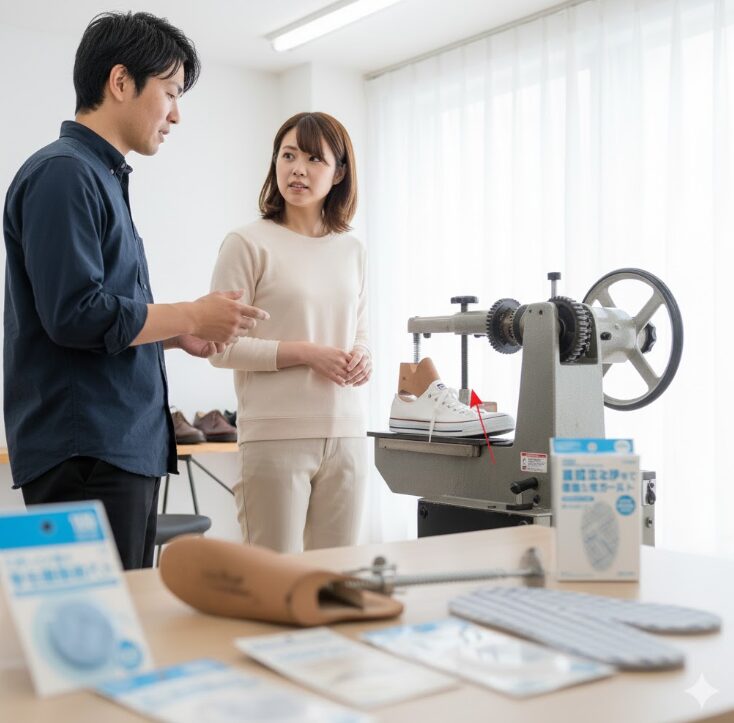 靴修理店の専門家がシューストレッチャーを使い、スニーカーの幅を広げる作業をしている様子。