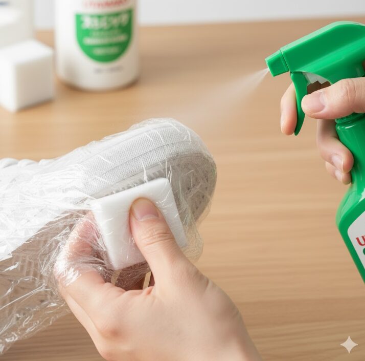 キッチンペーパーと食品用ラップを使って、スニーカーのゴムソールにウタマロスプレーをパックしている様子。