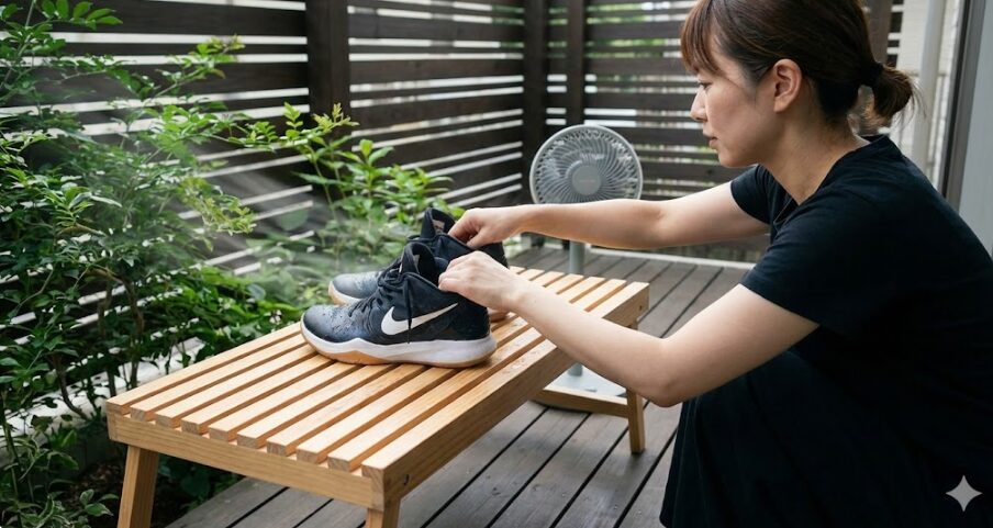 直射日光が当たらない風通しの良いベランダの日陰で、通気性の良いすのこの上に置かれ、扇風機の風を当てて陰干しされているバスケットボールシューズ。