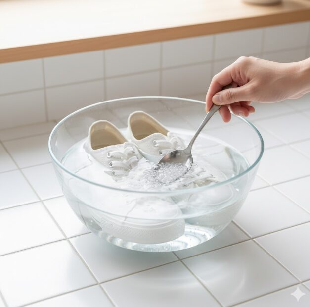 洗浄後のキャンバススニーカーを、黄ばみ防止のためにクエン酸（またはお酢）を溶かした水に浸け置きして中和している様子。