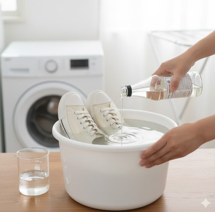黄ばんだ白いスニーカーを、お酢が入った水に浸して中和している様子。