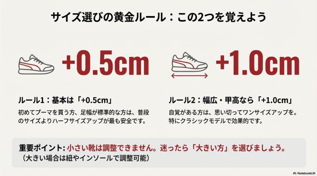 基本はプラス0.5cm、幅広・甲高ならプラス1.0cmというプーマスニーカーのサイズ選びの2つの重要ルールを図解。