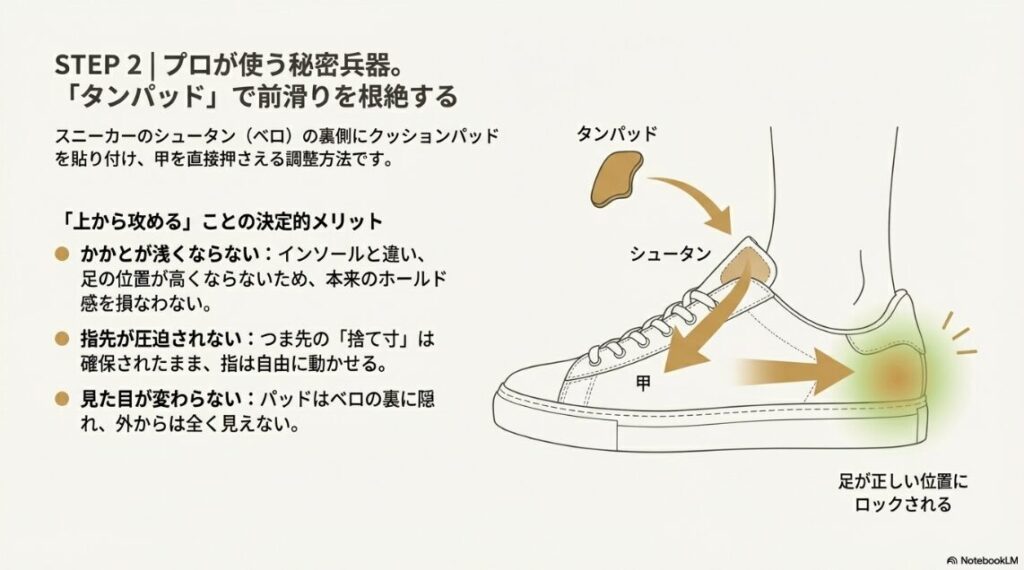 スニーカーの予備の穴を使った「ヒールロック（ダブルアイレット）」の結び方を解説した4ステップのイラスト。