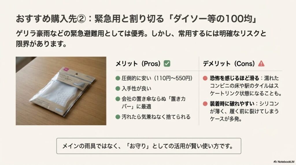 ダイソーなどで販売されている、簡易的なシリコン製シューズカバーのパッケージ写真。緊急用として便利。