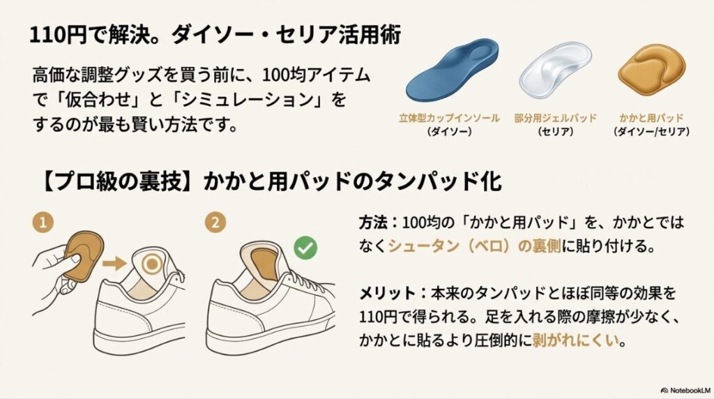ダイソーなどのかかと用パッドを、かかとではなくベロの裏に貼ることで、安価にサイズ調整を行う方法のイラスト。