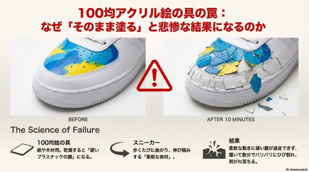 アクリル絵の具をそのまま塗ってしまい、バリバリにひび割れたスニーカーのつま先部分の拡大写真。