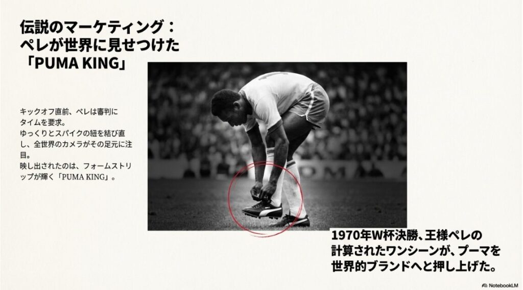 サッカーの王様ペレがピッチ上でしゃがみ込み、プーマのスパイクの靴紐を結び直しているモノクロ写真。