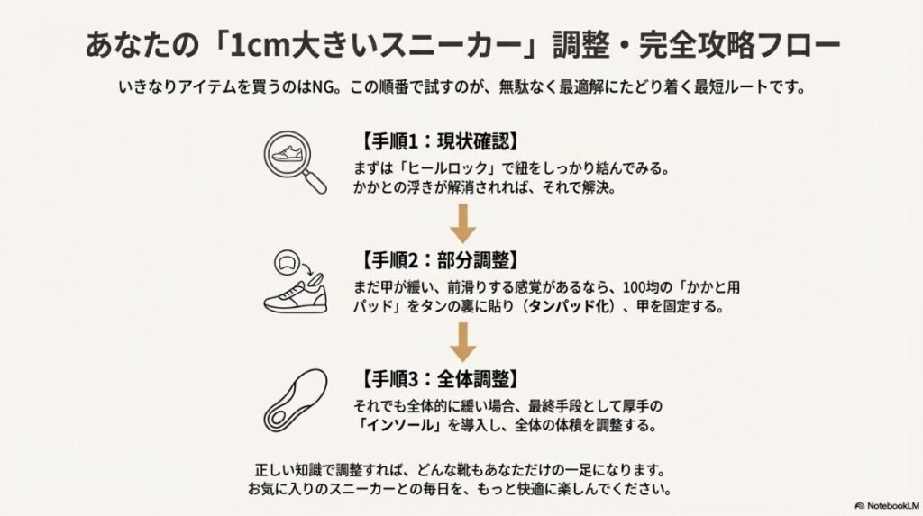 紐の調整、部分調整、全体調整の順に進めることで、最適なフィット感を見つけるためのフローチャートまとめ。