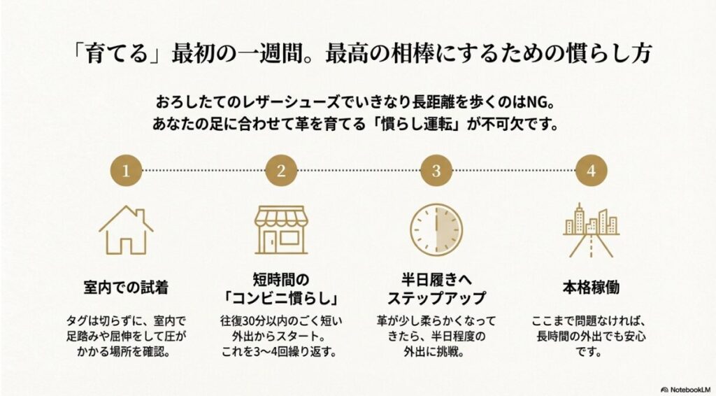 室内試着からコンビニ慣らし、半日履きへと段階を踏んで靴を馴染ませる手順のイラスト。