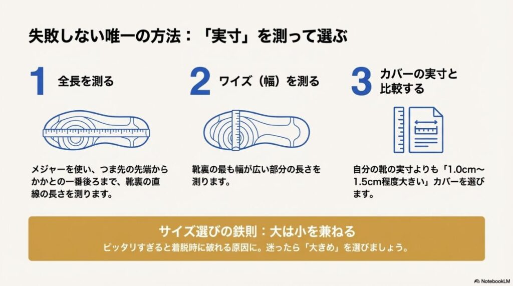 スニーカーの靴裏の全長と、一番広い幅（ワイズ）をメジャーで測っているイラスト。実寸より1cm〜1.5cm大きいカバーを選ぶのがコツ。