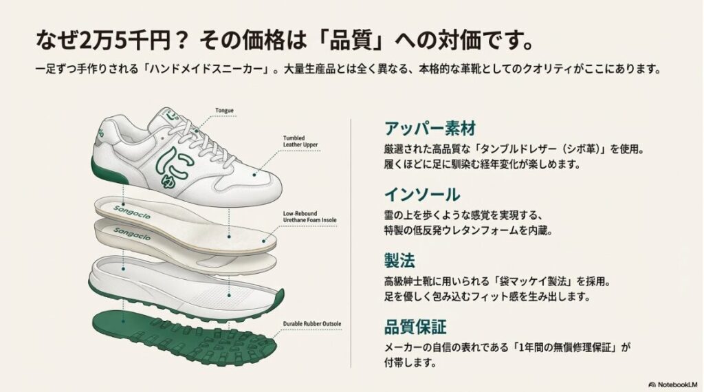 スニーカーの分解図。タンブルドレザーのアッパー、低反発ウレタンインソール、袋マッケイ製法などの各パーツが解説されている図解。