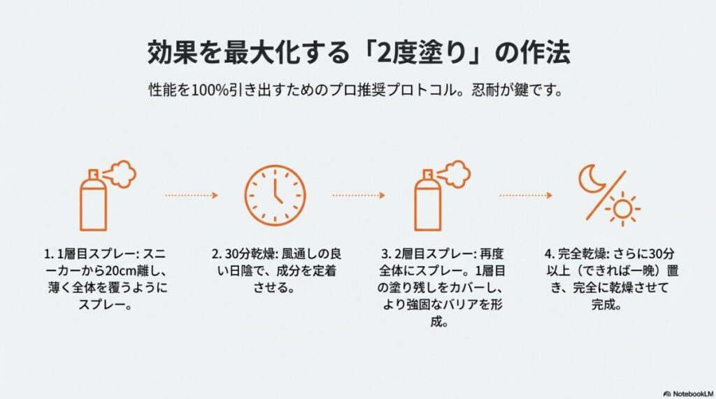 防水スプレーを性能を100%引き出すための工程。1層目のスプレー、30分の乾燥、2層目のスプレー、完全乾燥という4ステップのタイムライン。
