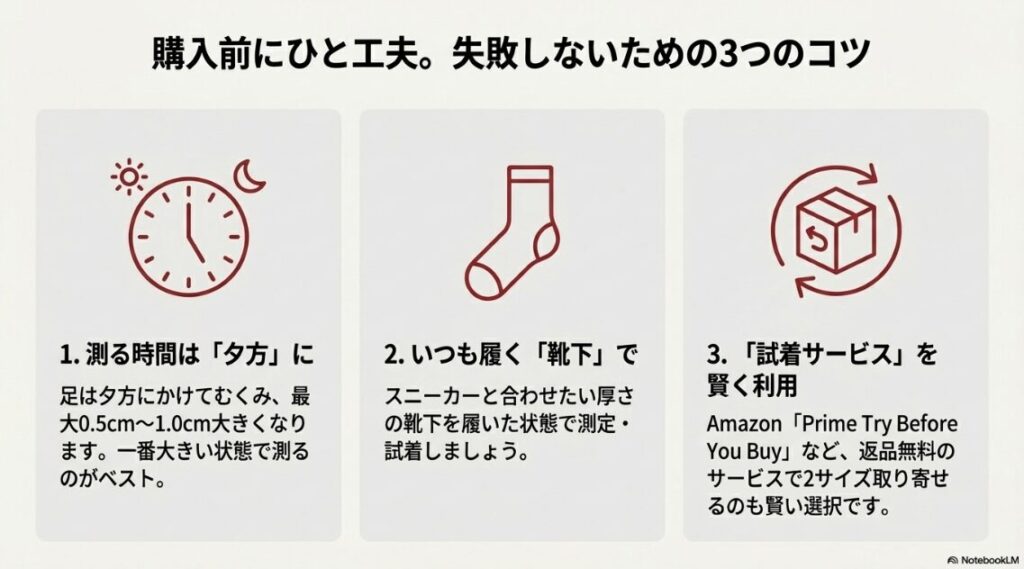 足がむくむ夕方に測る、いつもの靴下を履く、Amazon Prime Try Before You Buyなどの試着サービスを利用する、という3つの失敗防止テクニック。