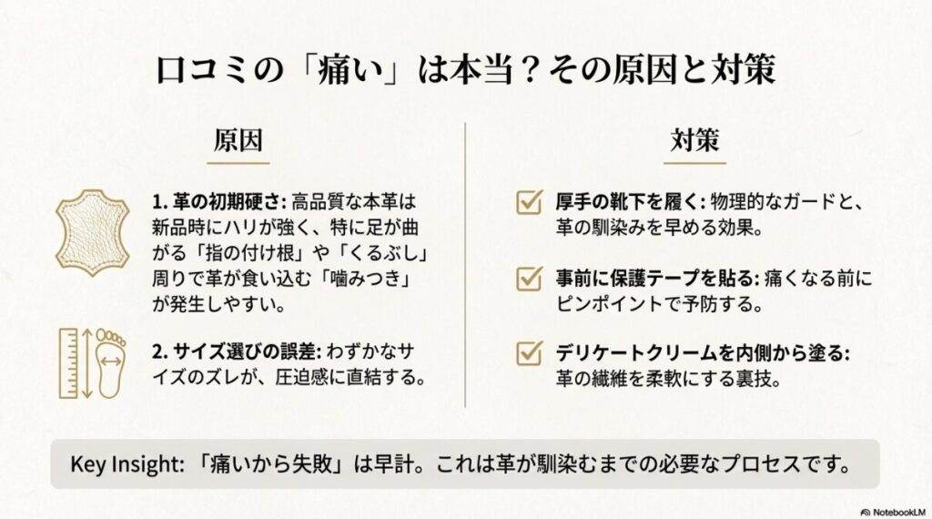 革の初期硬さやサイズ誤差による痛みの原因と、厚手靴下や保護テープによる対策のイラスト。