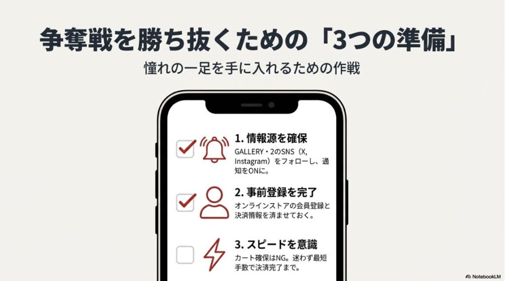 情報源の確保、事前登録、決済スピードの意識という3つの攻略法を示したチェックリスト