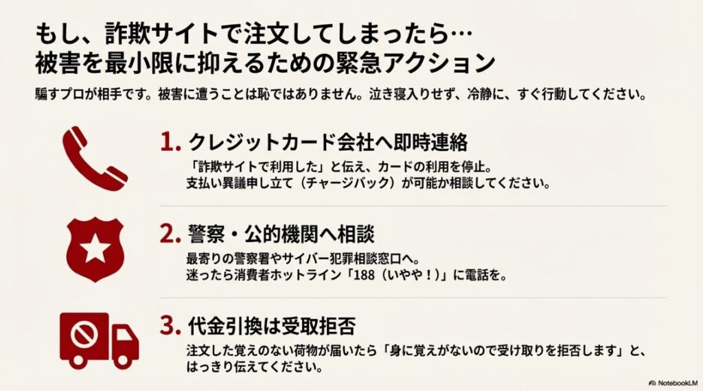 警察のマーク、クレジットカード禁止マーク、配送トラックのアイコン。カード会社への連絡、警察への相談、受取拒否の手順を示した図。