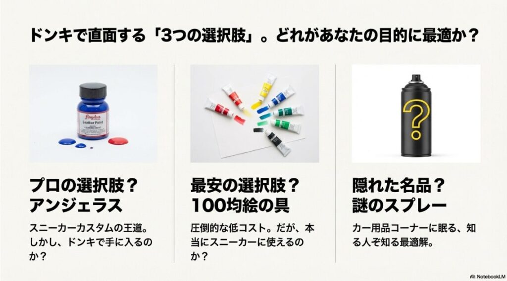 王道のアンジェラス、最安の100均絵の具、そしてカー用品コーナーの謎のスプレーという3つの選択肢を示すスライド。