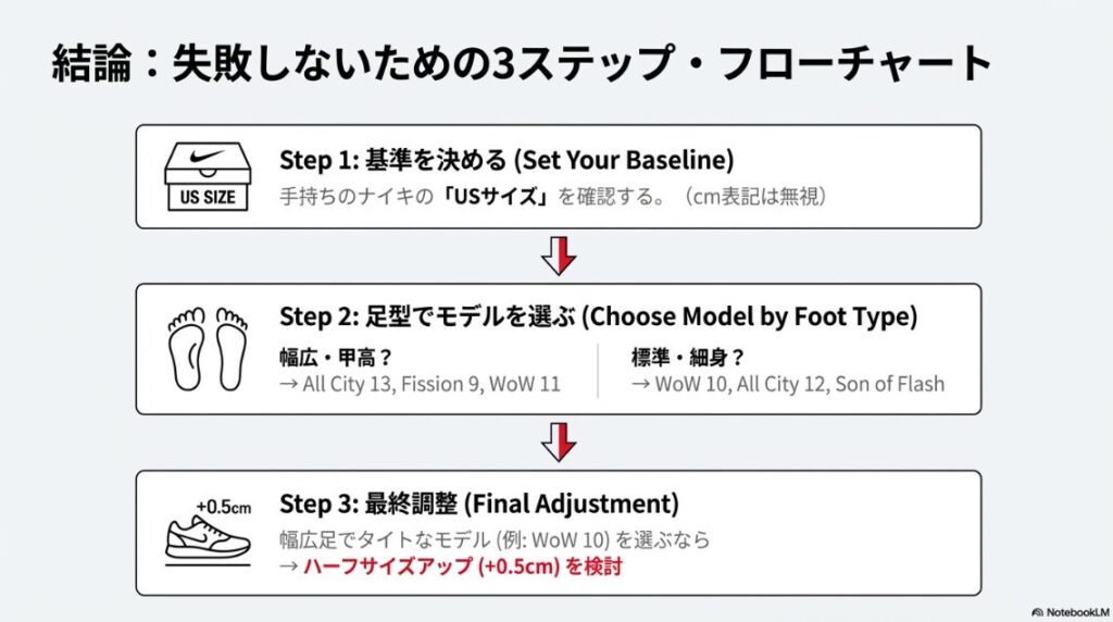 基準を決める、足型で選ぶ、最終調整するという3つのステップを図式化した、サイズ選びの結論スライド。