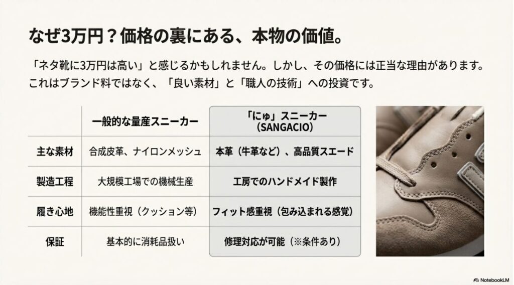 一般的な量産スニーカーと「にゅ」スニーカーの素材、製造工程、履き心地の違いを比較した表。