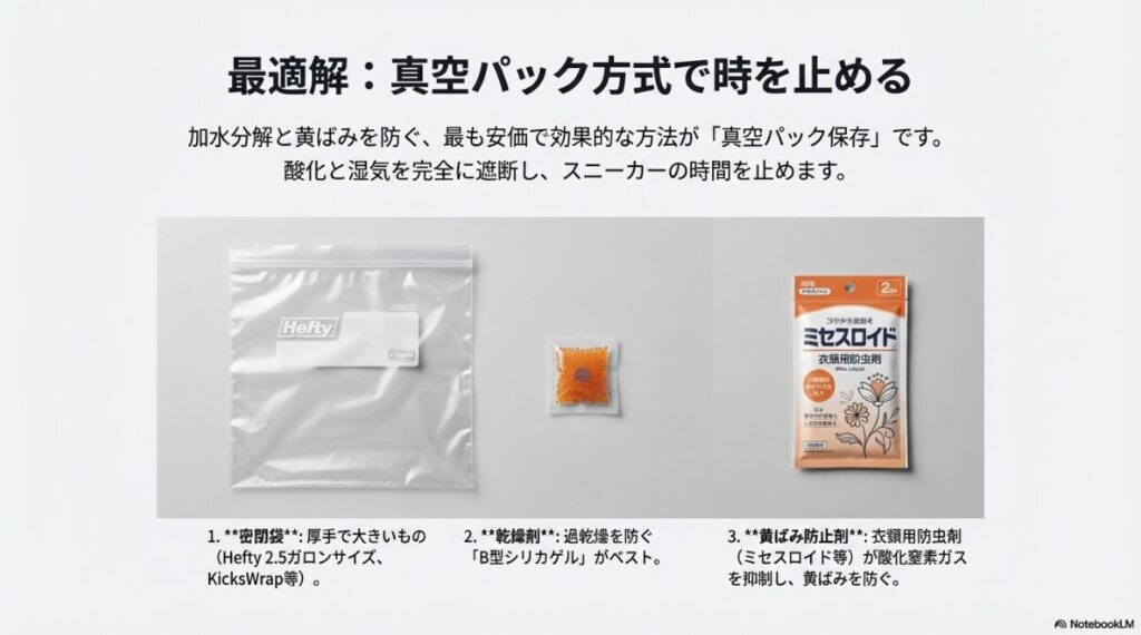 Heftyの密閉袋、B型シリカゲル(乾燥剤)、ミセスロイド(黄ばみ防止剤)の画像と、それぞれの役割解説。