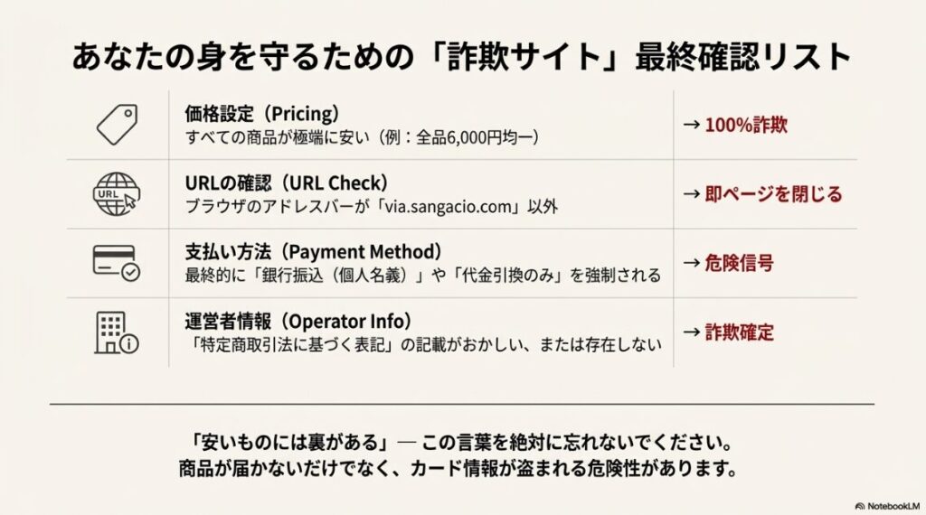 価格設定、URL、支払い方法、運営者情報の4項目について、詐欺と判断する基準をまとめたチェックリスト表。