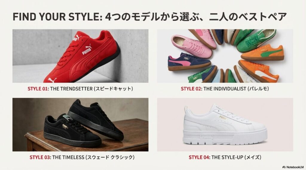 「FIND YOUR STYLE」として、トレンドセッター（スピードキャット）、インディビジュアリスト（パレルモ）、タイムレス（スウェード）、スタイルアップ（メイズ）の4つのスタイルとモデルを分類したチャート図。