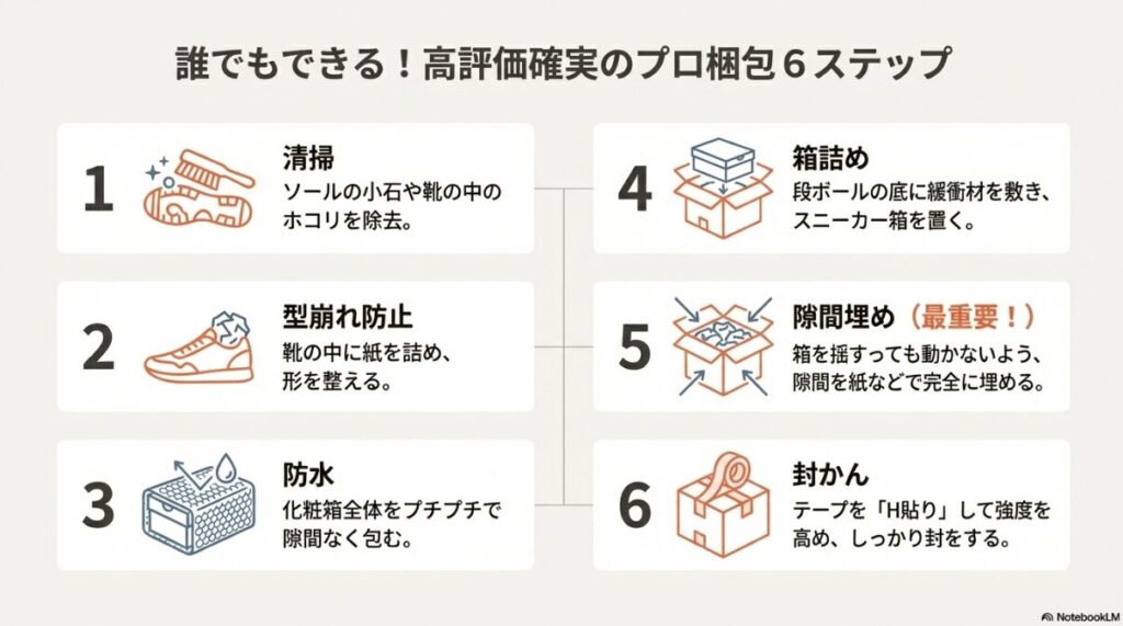 清掃、型崩れ防止、防水、箱詰め、隙間埋め、封かんというスニーカー梱包の6つの手順をイラスト付きで解説したフロー図。