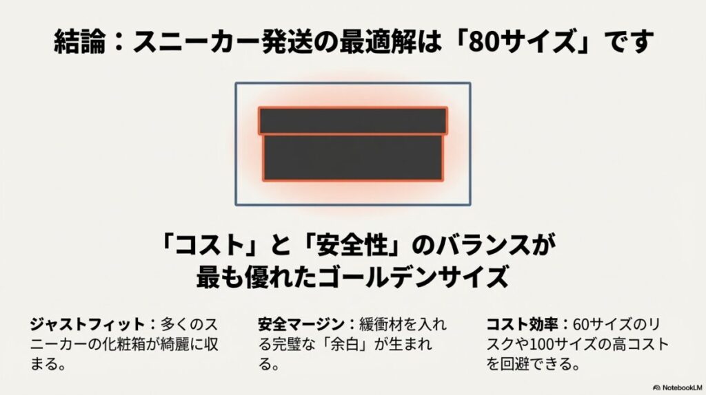 スニーカー発送において80サイズがコストと安全性のバランスに優れた「ゴールデンサイズ」である理由を解説した図。