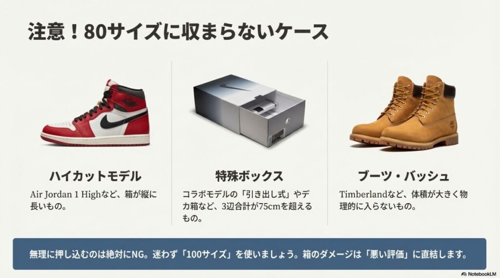 ハイカットモデル（AJ1 Highなど）、コラボモデルの特殊ボックス、ブーツ（Timberlandなど）など、80サイズ段ボールに収まらないスニーカーの事例。