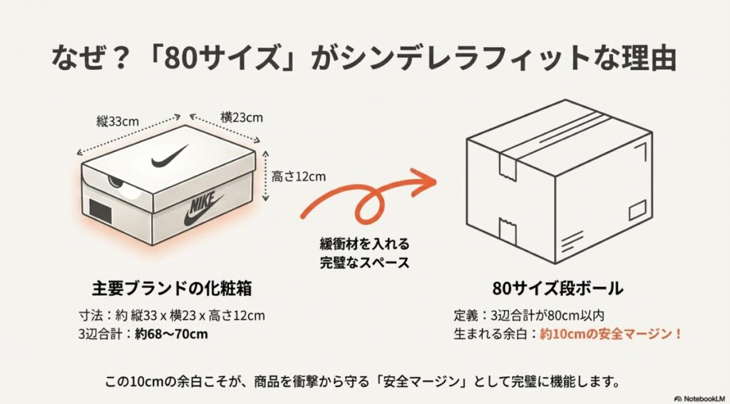NIKEなどの一般的なスニーカー化粧箱（縦33cm×横23cm×高さ12cm）が、80サイズ段ボールに収まり、緩衝材を入れる完璧な余白が生まれる仕組みを図解したもの。
