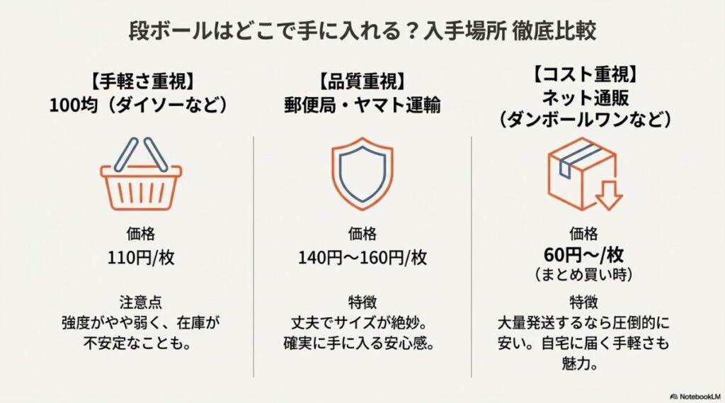 100均（手軽さ重視）、郵便局（品質重視）、ネット通販（コスト重視）それぞれの段ボール購入場所の特徴と価格を比較した表。