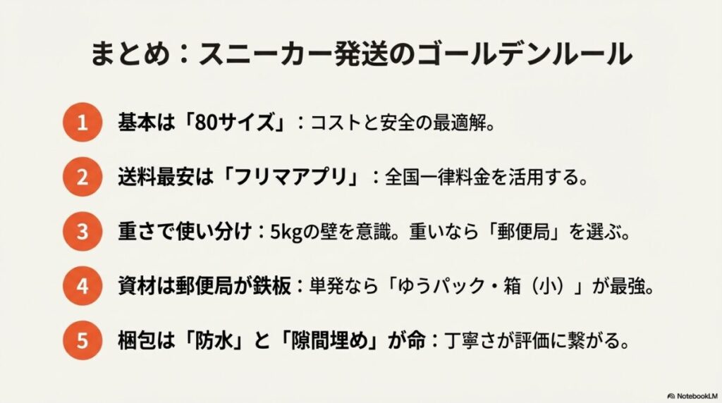 基本は80サイズ、送料最安はフリマアプリ、重いなら郵便局など、スニーカー発送で損をしないための5つのゴールデンルールをまとめた画像。