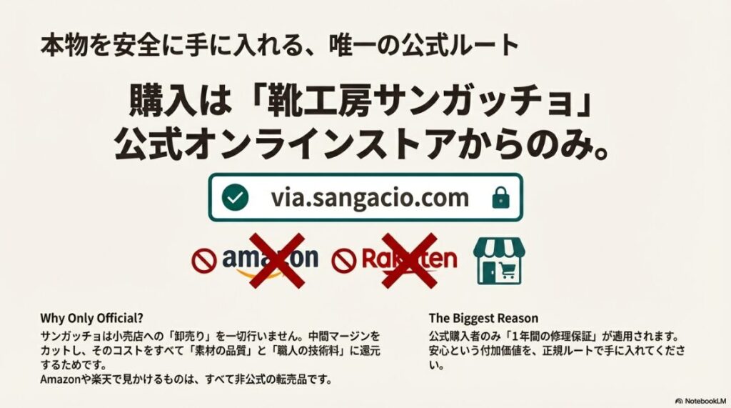 Amazonや楽天のロゴに×印がついた画像。中間マージンカットの図と、公式ドメイン（via.sangacio.com）が示されている。