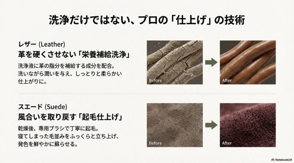 栄養補給洗浄により潤いが戻ったレザーの表面拡大写真と、起毛仕上げにより毛並みがふっくらと立ち上がったスエードのBefore/After比較写真。