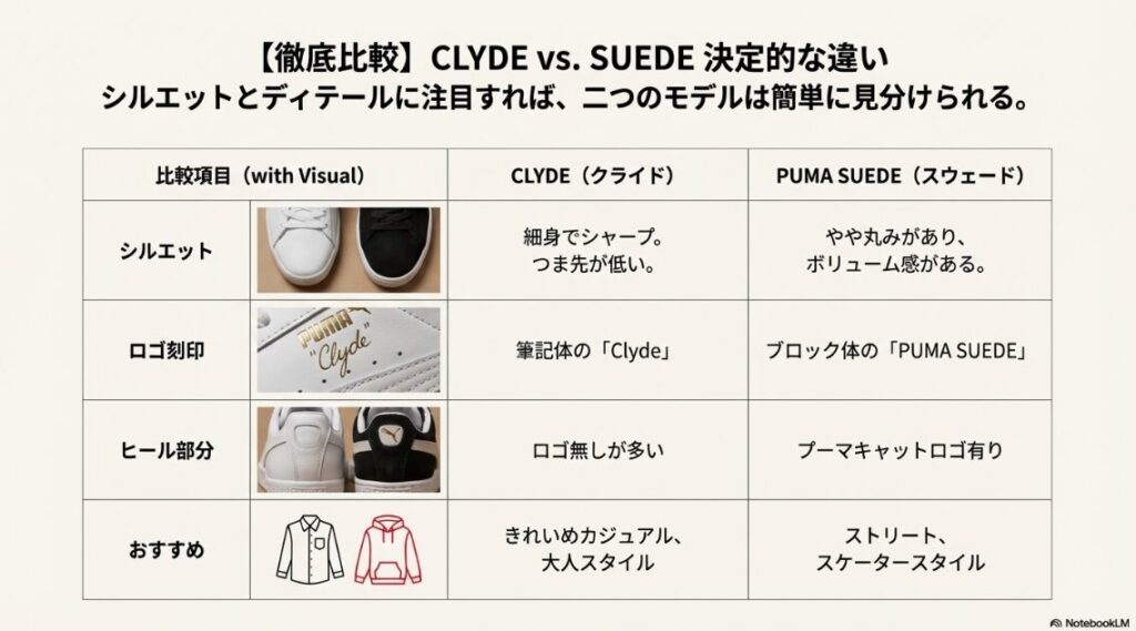 クライドとスウェードのシルエット、ロゴ刻印、ヒール部分の違いをまとめた比較表と画像。