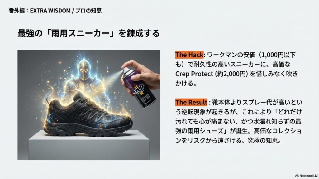 ワークマンの安価なスニーカーに高価なCrep Protectを吹きかけ、最強の雨用シューズを作るという裏技を紹介したスライド。